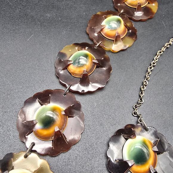 Vintage Operculum Cat Eye Shell Jewelry Set Necklace Bracelet Brown Green - Picture 6 of 12